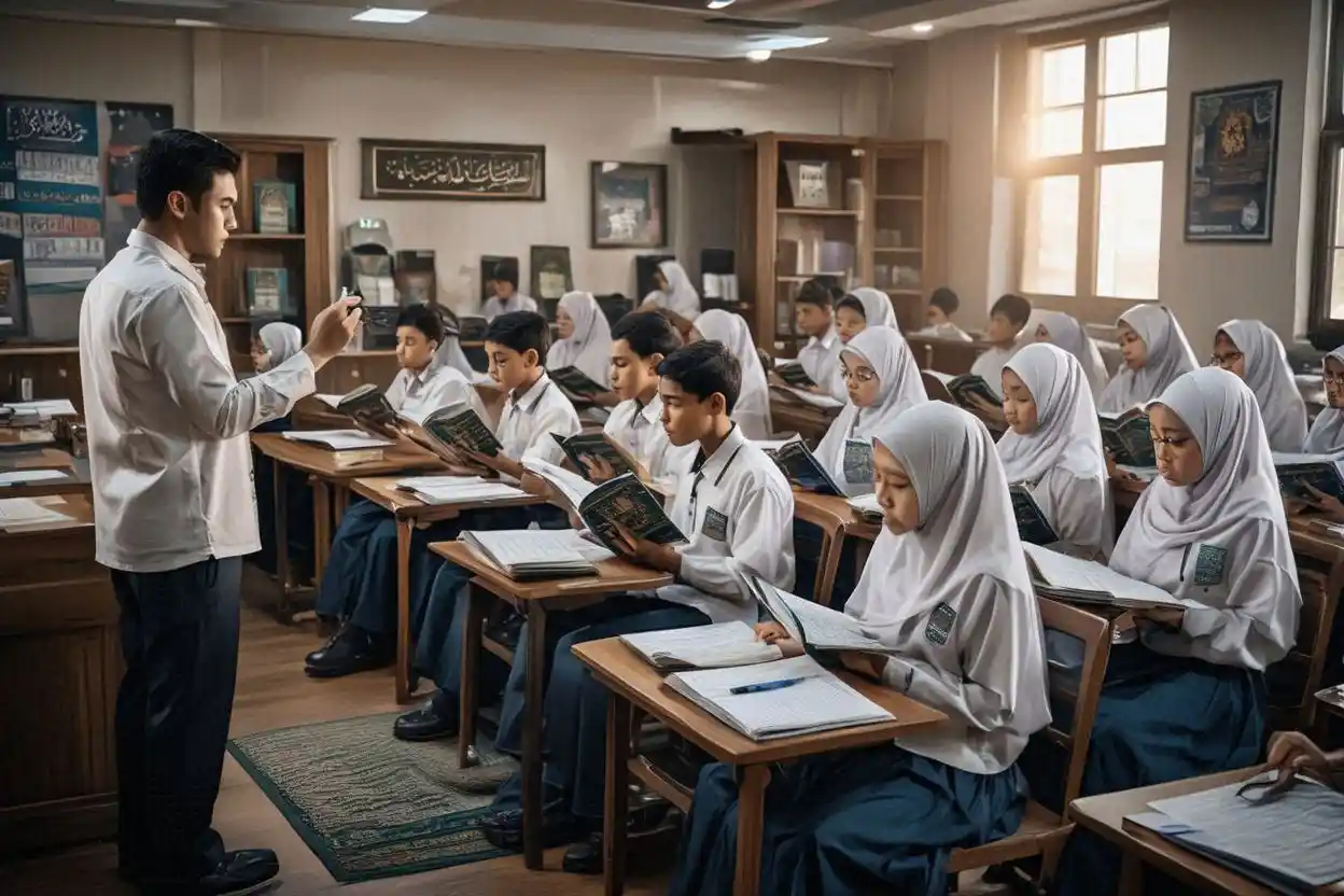 Ilustrasi siswa SMP Islam mengikuti program tahfidz Al-Qur’an bersama guru di ruang kelas islami modern
