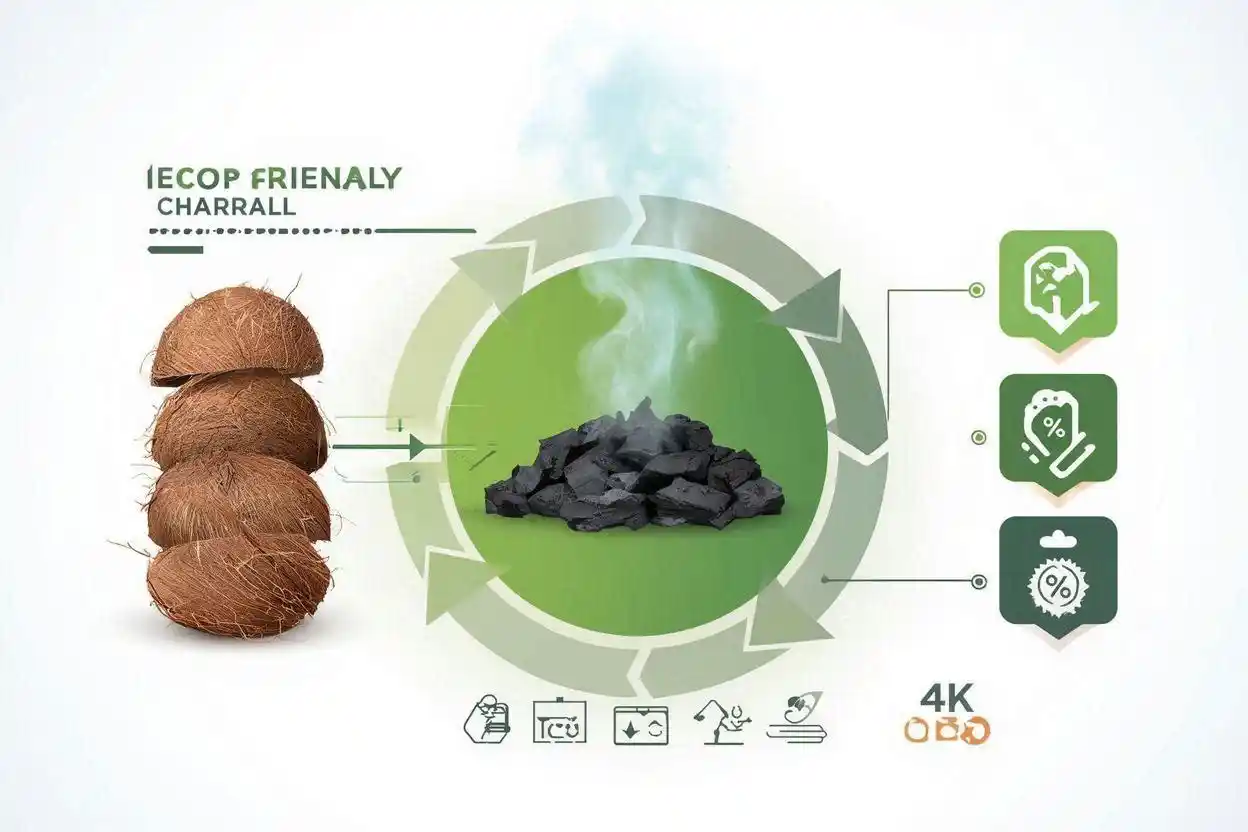 Eco friendly charcoal benefits illustration showing environmental sustainability and green business advantages for industries