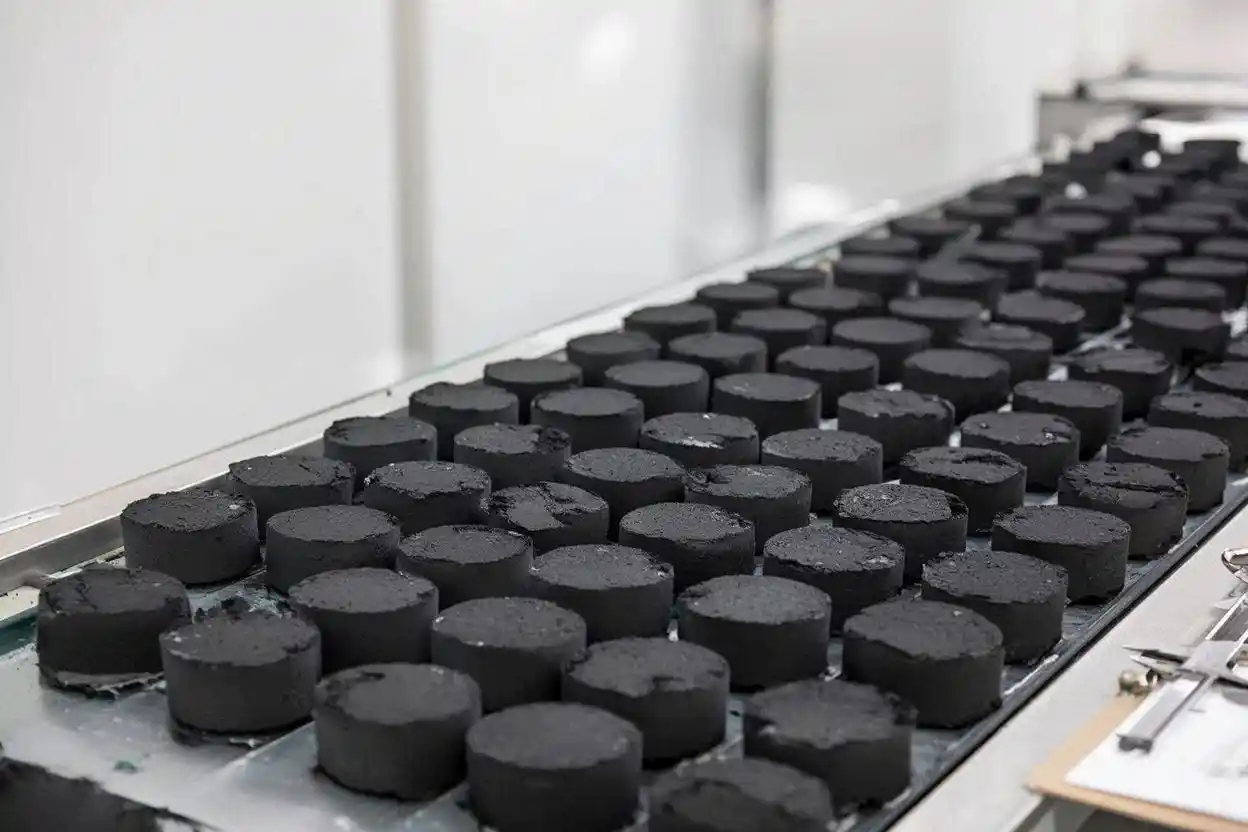 Uniform coconut charcoal briquettes lined up on a factory surface representing charcoal production standards